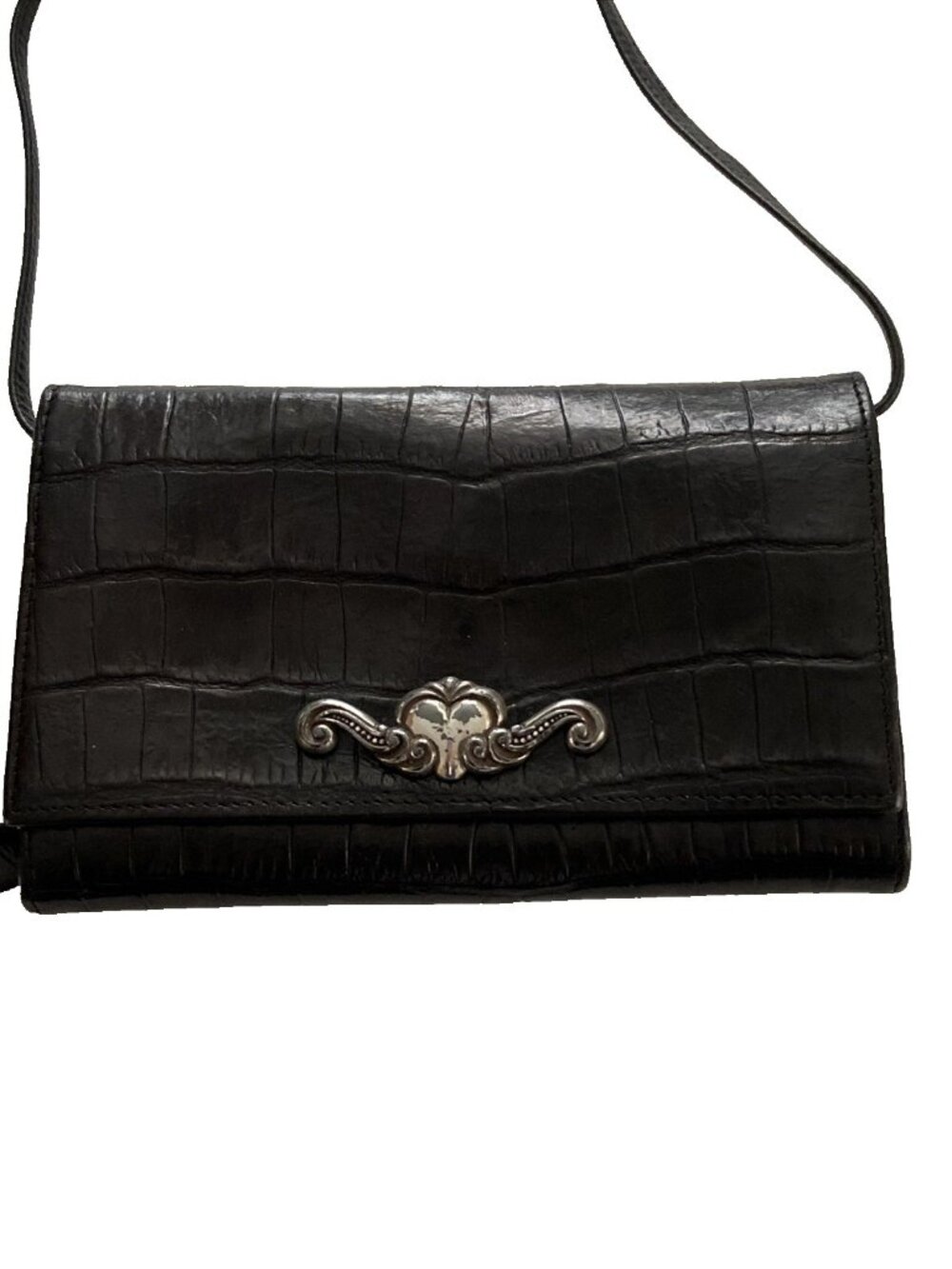 BRIGHTON Brown Leather Croc Wallet Organizer Purse/Crossbody Bag - Picture 2 of 8